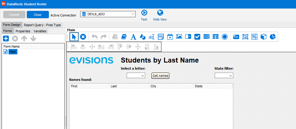 Form Design tab of the DataBlock showing a "Students by Last Name" form where users can select a letter and state, then click a button to display a list of students who match those two filters.